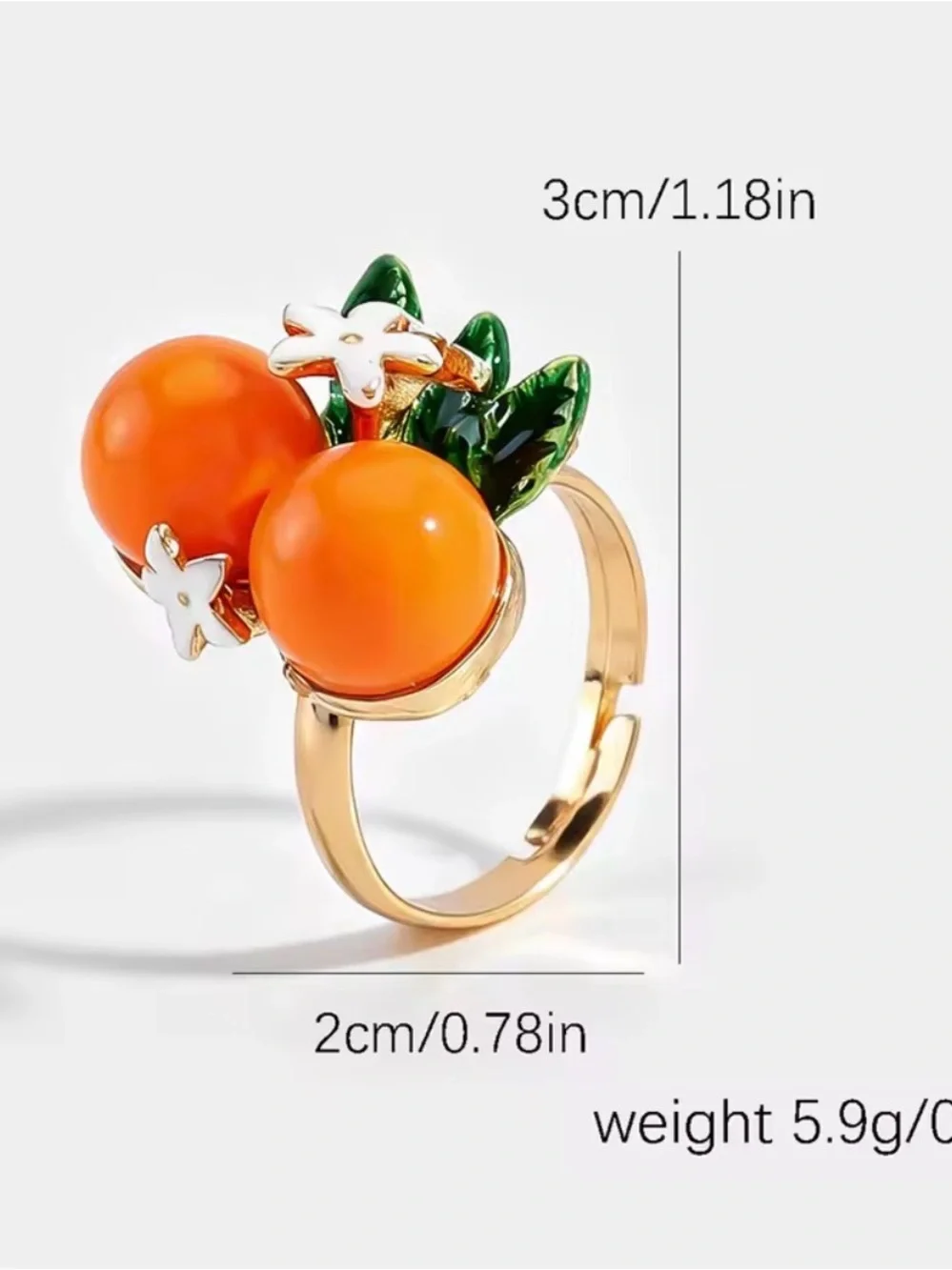 Orange Enamel Fruit Ring with Green Leaf Accents